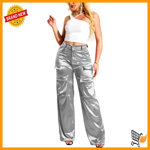 High Waisted Satin Cargo Pants Wide Leg Trousers with Pockets